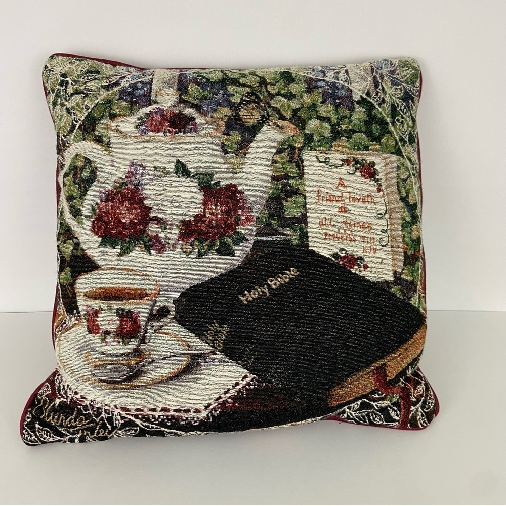 Glynda Turley Vintage Tapestry Accent Throw Pillow 15 x 15.5” Tea Garden Bible